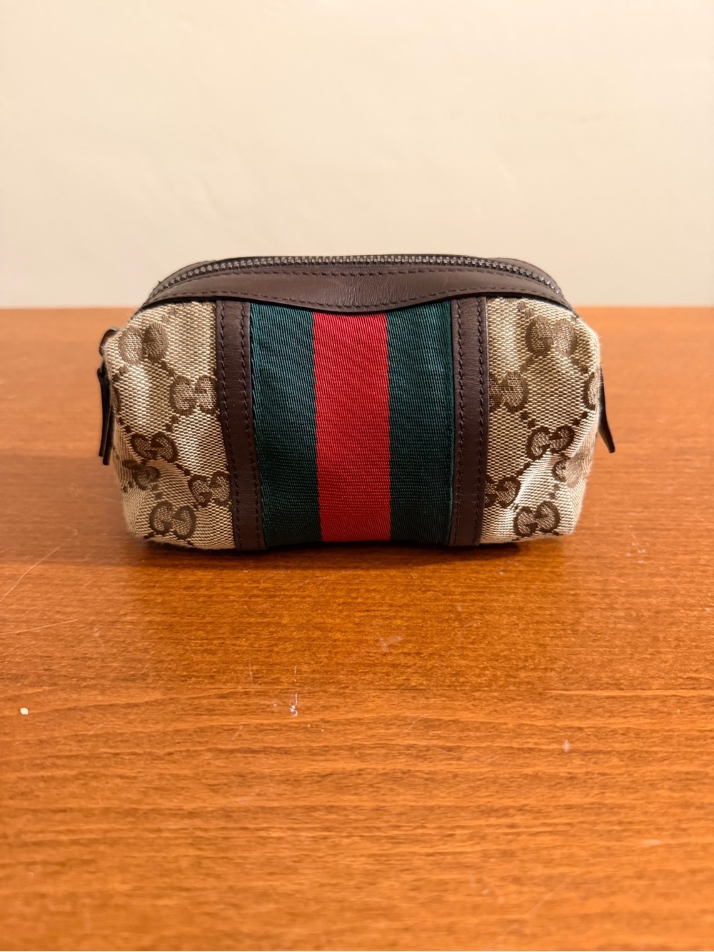 Gucci GG Canvas Web Stripe Cosmetic Pouch 245952 Beige Brown Italy